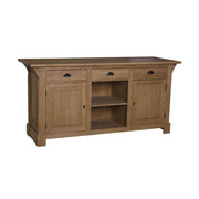 Dekoratív fenyőfa pult, waxolt natúr színben.  A bútor két zárható szekrényrésszel, két nyitott polccal, valamint három fiókkal rendelkezik. 