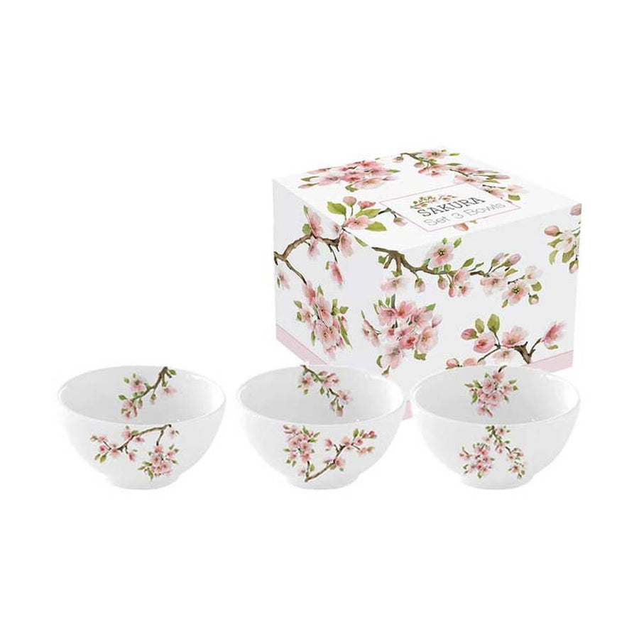 Virágzó cseresznyefa ággal díszített, minőségi porcelánból készült, 3 darabos tálkaszett díszdobozba csomagolva a "Sakura" kollekcióból