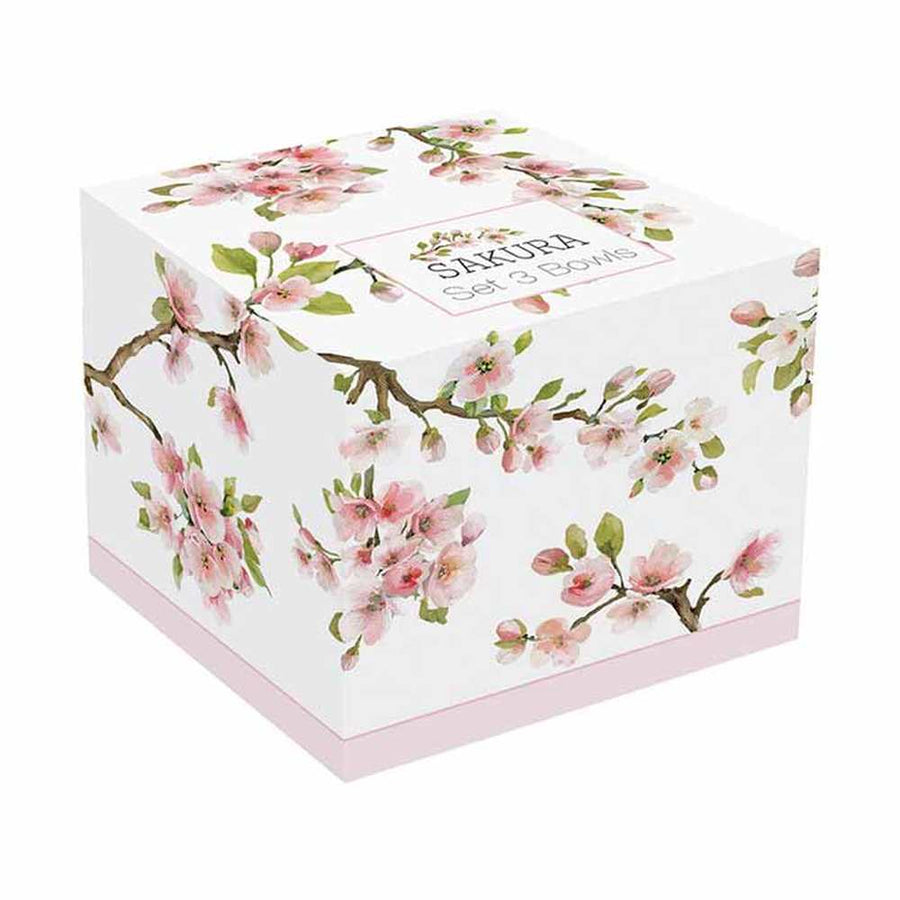 Virágzó cseresznyefa ággal díszített, minőségi porcelánból készült, 3 darabos tálkaszett díszdobozba csomagolva a "Sakura" kollekcióból