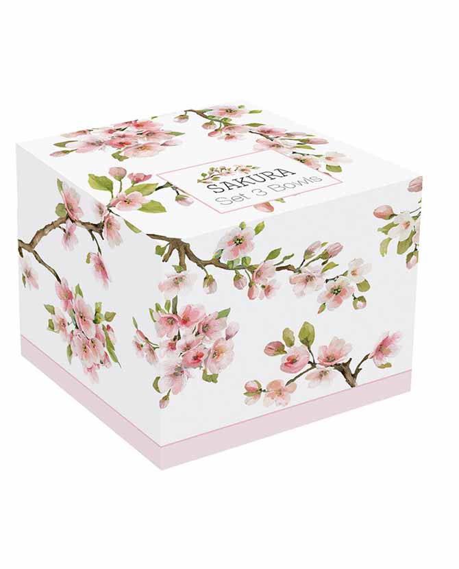 Virágzó cseresznyefa ággal díszített, minőségi porcelánból készült, 3 darabos tálkaszett díszdobozba csomagolva a "Sakura" kollekcióból