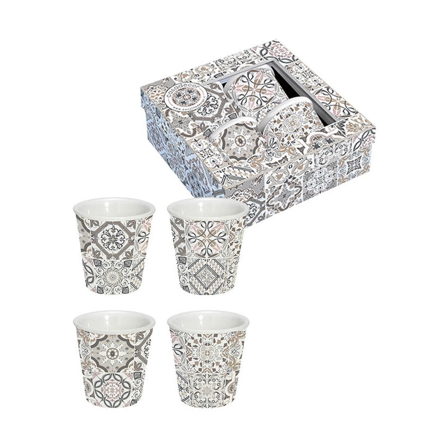 Mediterrán stílusú, négyszemélyes mozaikmintás porcelán espresso pohár szett ablakos díszdobozba csomagolva.