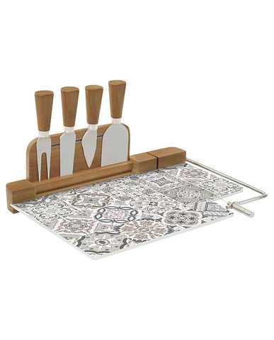 Mozaikmintás sajtvágó készlet, bambusznyeles rozsdamentes acélból készült késekkel 