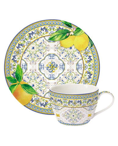 Mediterrán mintákkal díszített, porcelán teáscsésze csészealjjal a capri kollekcióból