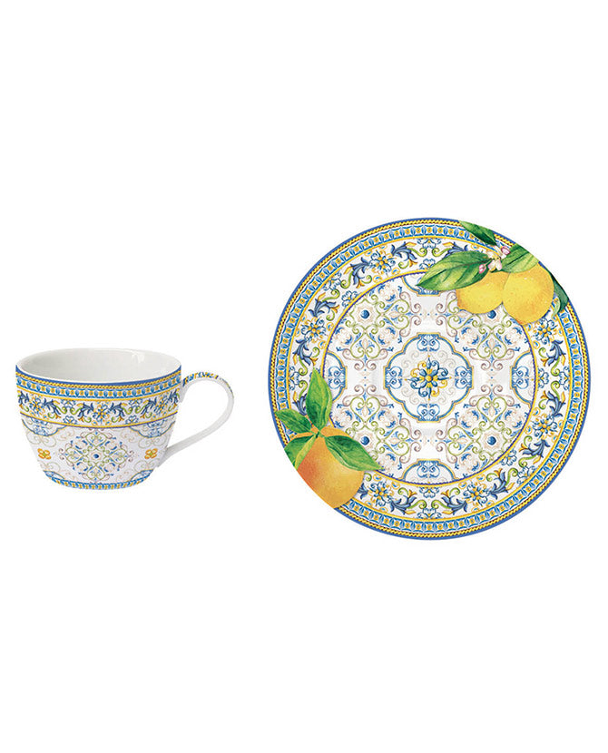 Mediterrán mintákkal díszített, porcelán teáscsésze csészealjjal a capri kollekcióból