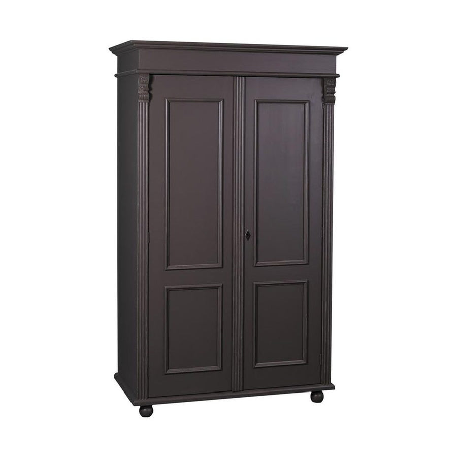 Fekete színű klasszikus gardróbszekrény két ajtóval és szegélydísszel.