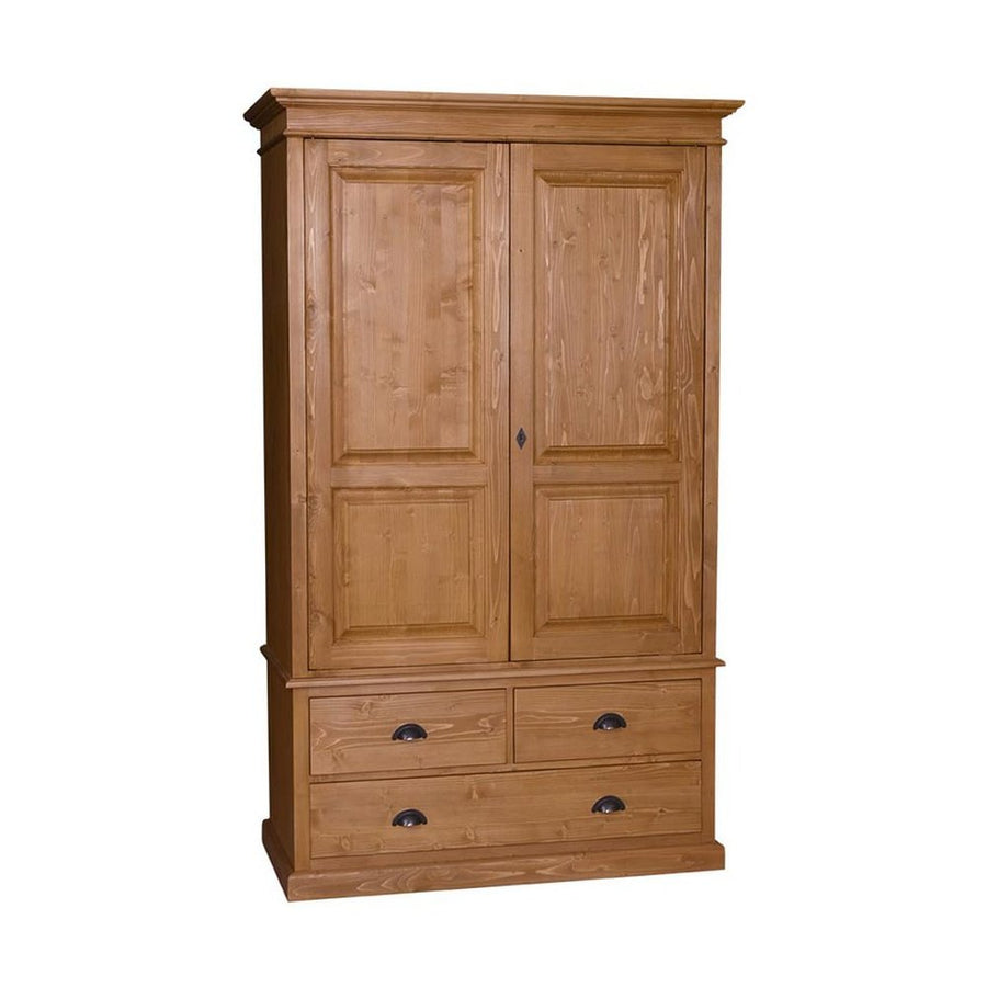 Fenyőfa gardróbszekrény kétszárnyas, kazettás ajtóval, két kisebb valamint egy nagy fiókkal. Színe natúr.