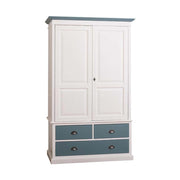 Fenyőfa gardróbszekrény kétszárnyas, kazettás ajtóval, két kisebb valamint egy nagy fiókkal. Színe fehér és türkíz. 