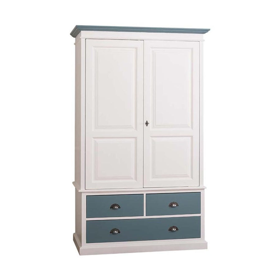 Fenyőfa gardróbszekrény kétszárnyas, kazettás ajtóval, két kisebb valamint egy nagy fiókkal. Színe fehér és türkíz. 