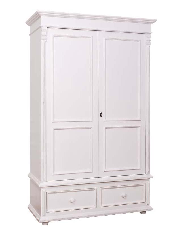 Klasszikus stílusú, fehér színű kétajtós gardróbszekrény, két fiókkal. A bútor tetején és oldalán dekoratív faragások találhatók.