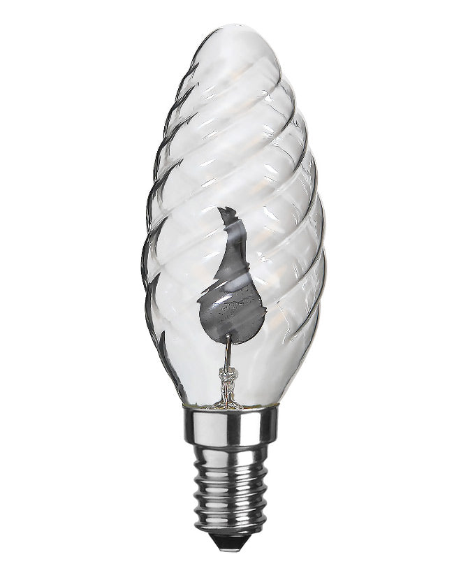 A gyertyák pislákolását idéző LED dekorációs izzó, csavart áttetsző üveggel.