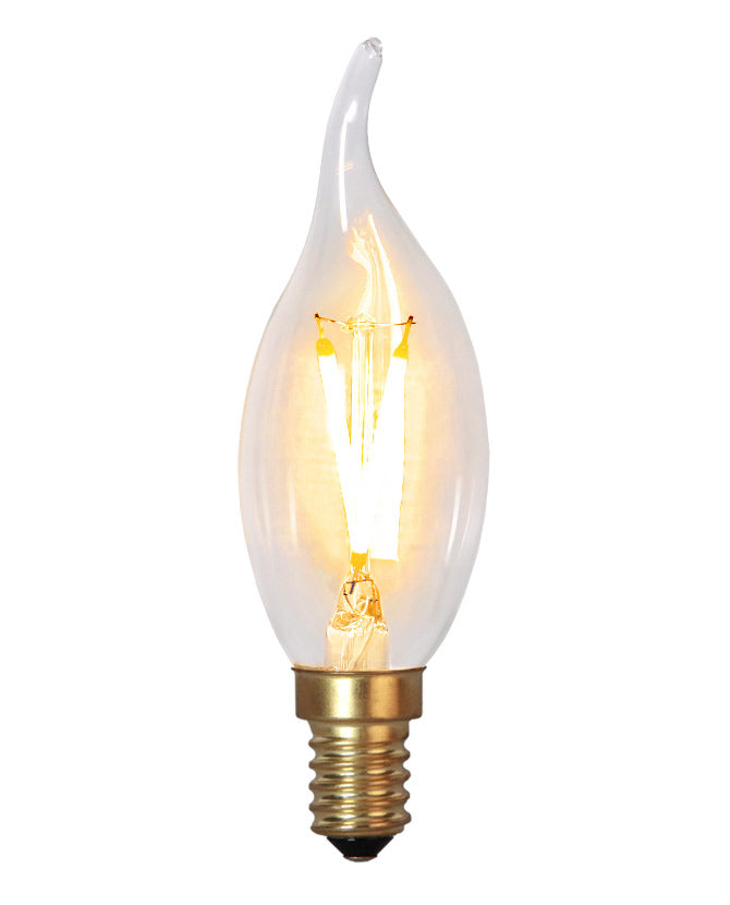 Meleg fehér fényű, gyertyaláng formájú LED dekorációs izzó áttetsző üveggel. 
