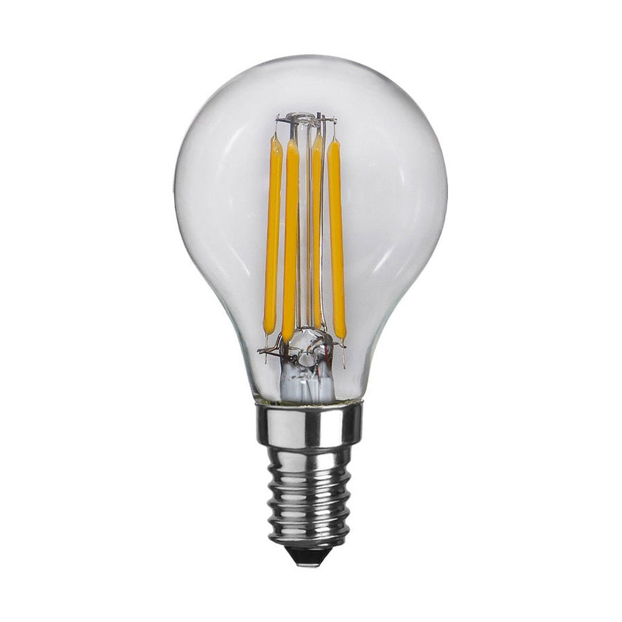 Meleg fehér fényű, kisfeszültségű LED izzó átlátszó üveggel. Színhőmérséklete 2700 K.