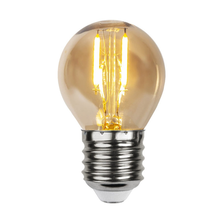 Meleg fehér fényű, kisfeszültségű LED dekorációs izzó borostyán üveggel.