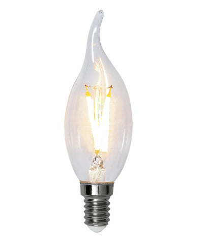 Meleg fehér fényű, gyertyaláng formájú LED dekorációs izzó áttetsző üveggel.