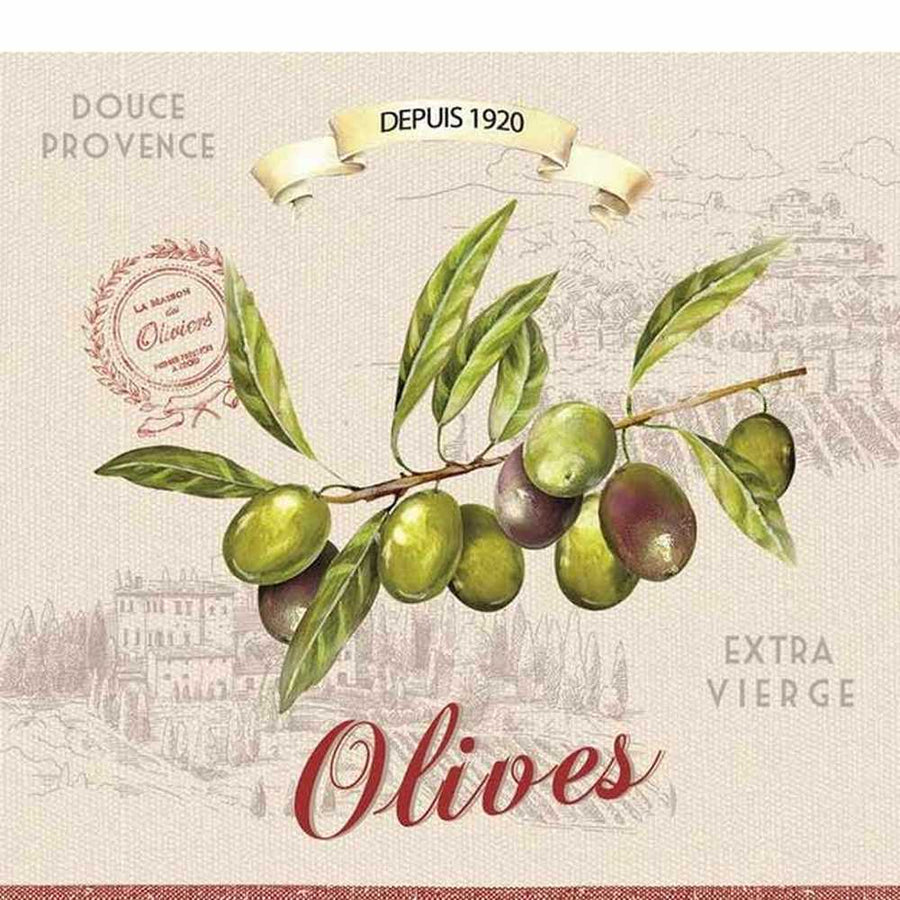 Mediterrán stílusú, olajbogyóval és Olives felirattal díszített, extra minőségű, természetes úton fehérített, három rétegű puha papírszalvéta, 20 darabos kiszerelésbe csomagolva.