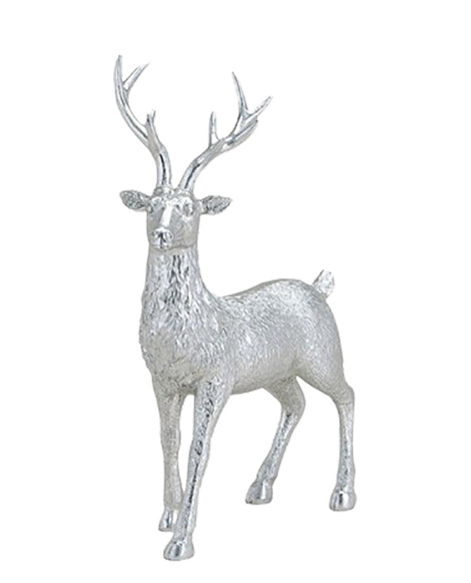 Glamour stílusú, 28 cm magas, ezüst színű karácsonyi szarvas figura