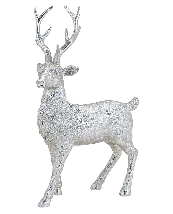 Glamour stílusú, 36 cm magas, ezüst színű karácsonyi szarvas figura