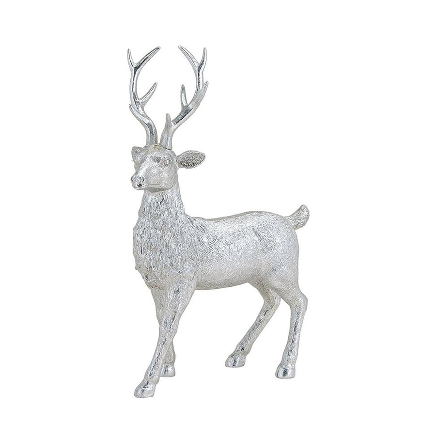 Glamour stílusú, 36 cm magas, ezüst színű karácsonyi szarvas figura