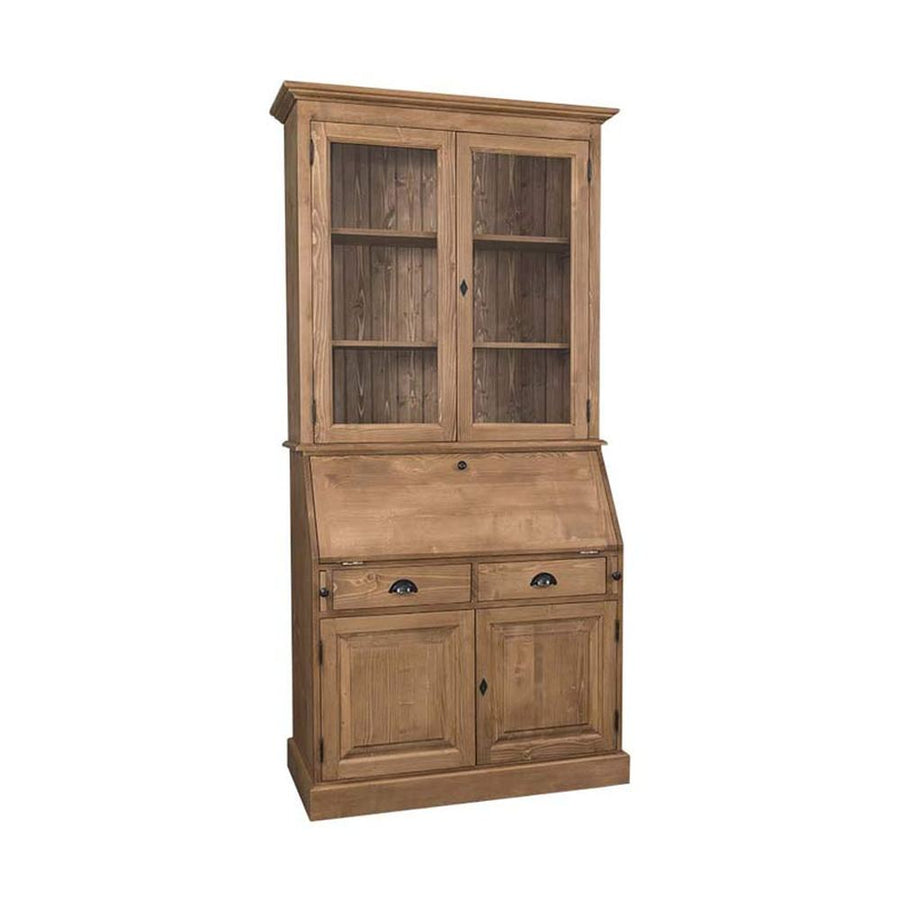 Waxolt natúr színű, kétosztatú szekreter szekrény. A felső részen vitrines tároló, az alsó részen  lehajtható írópad, hat kisebb és két nagyobb fiók, valamint az ajtós tároló lett kialakítva