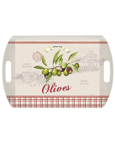 Vidéki, mediterrán stílusú, olajbogyókkal és Olives felirattal díszített, 52 cm hosszú, műanyag szervírozó tálca.