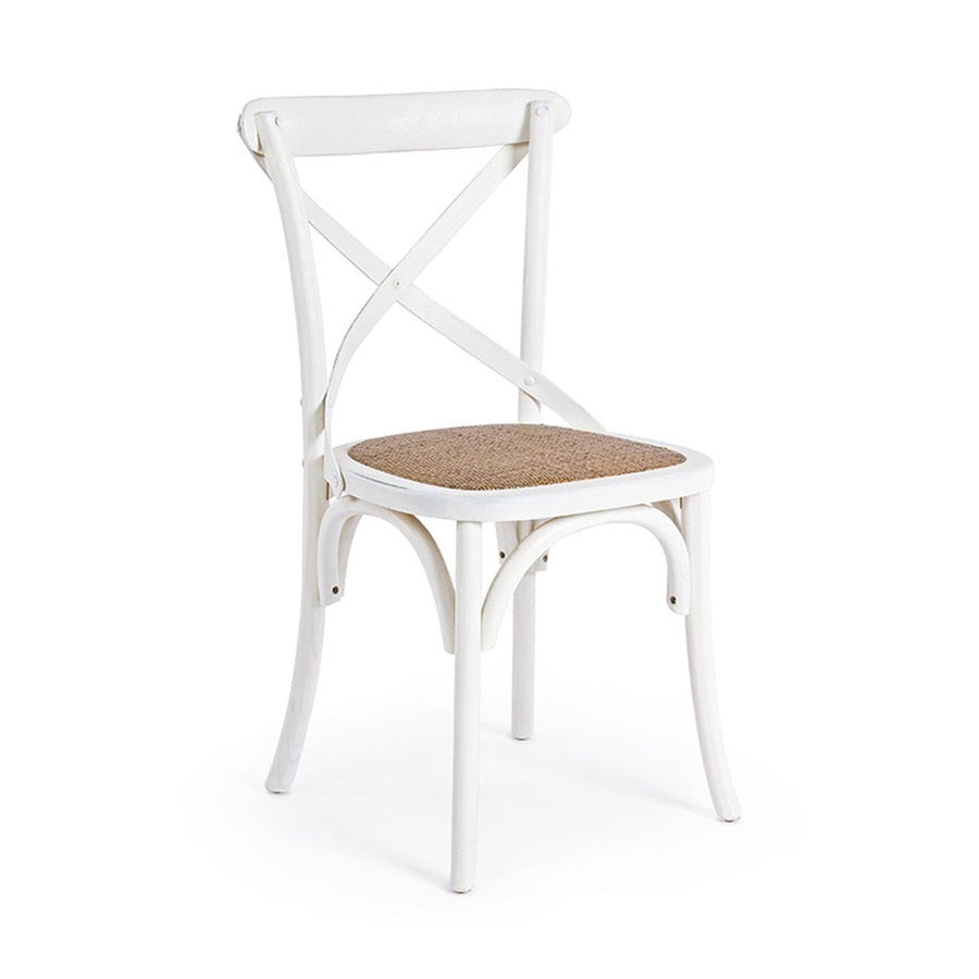 Klasszikus stílusú, fehér színű, szilfából készült étkezőszék rattan ülőfelülettel.