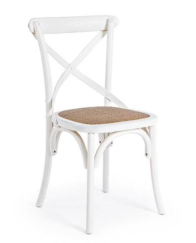Klasszikus stílusú, fehér színű, szilfából készült étkezőszék rattan ülőfelülettel.