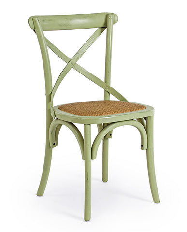 Klasszikus stílusú, zöld színű, szilfából készült étkezőszék rattan ülőfelülettel.
