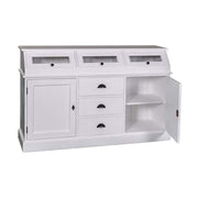 Fehér színű tálalókomód, melynek közepén három fiók került kialakításra, melyeket kétoldalról ajtó tároló zár közre. A komód felső részén három vitrines tároló került kialakításra.