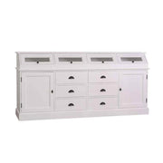 Fehér színű fenyőfa tálalókomód hat fiókkal, két ajtós tárólóval és négy vitrines tárolóval.
