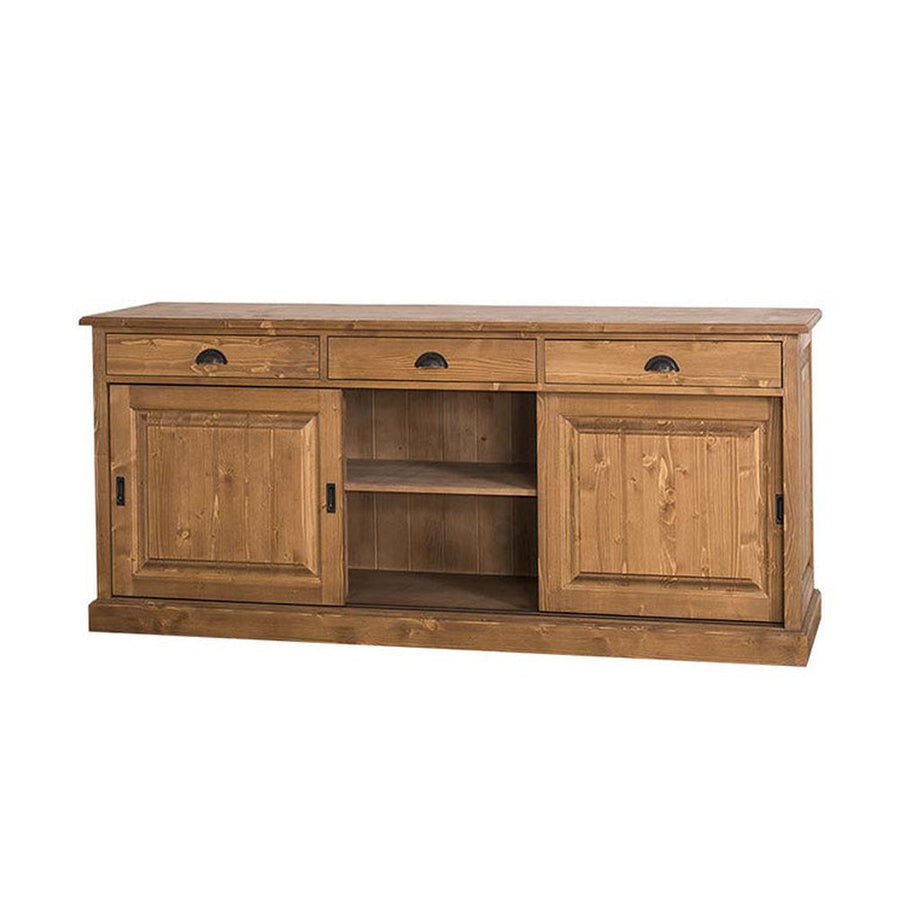 Country stílusú tálaló négy fiókkal, és három darab tolóajtó mögött kialakított tárolóval. Színe lakkozott natúr.