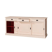 Country stílusú tálaló négy fiókkal, és három darab tolóajtó mögött kialakított tárolóval. Külső része fehér, belső része bíbor..