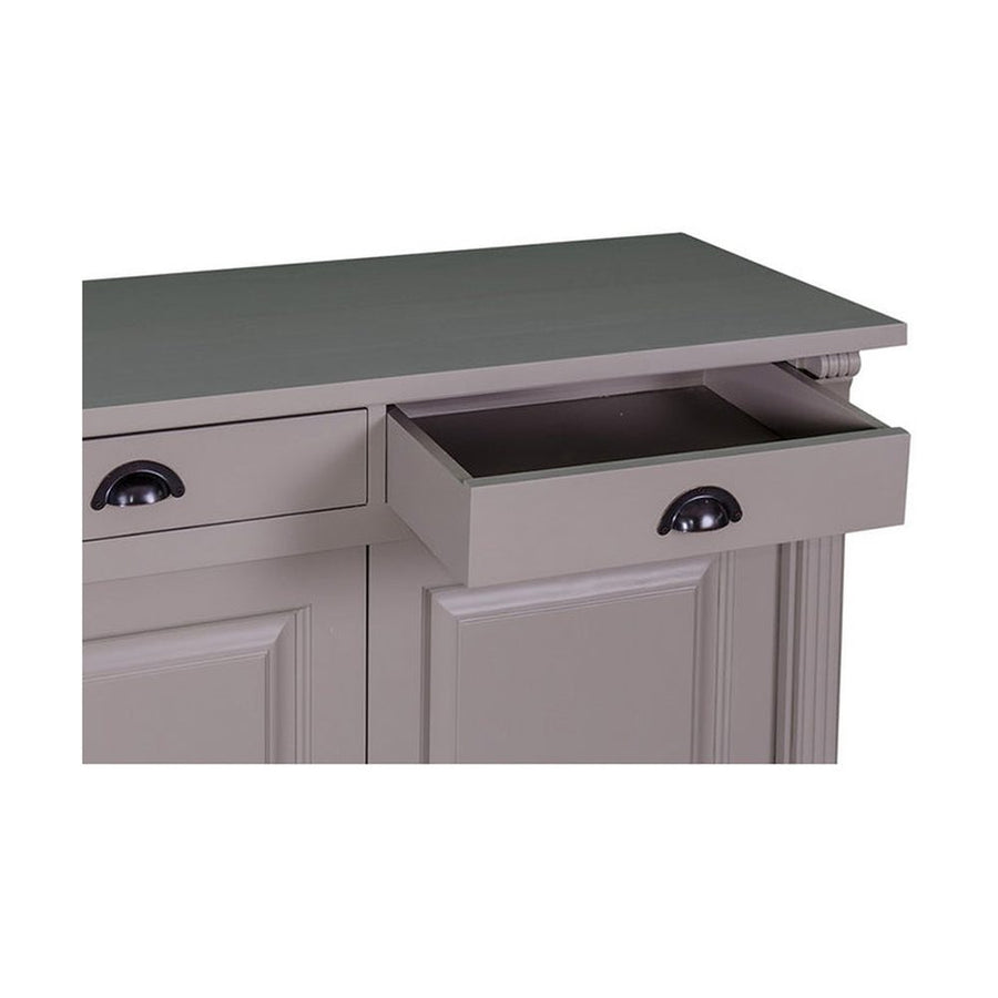 Kétosztatú country és klasszikus stílusú fenyőfa tálaló négy fiókkal, és kétszer két ajtós tárolóval. Színe: világosszürke.