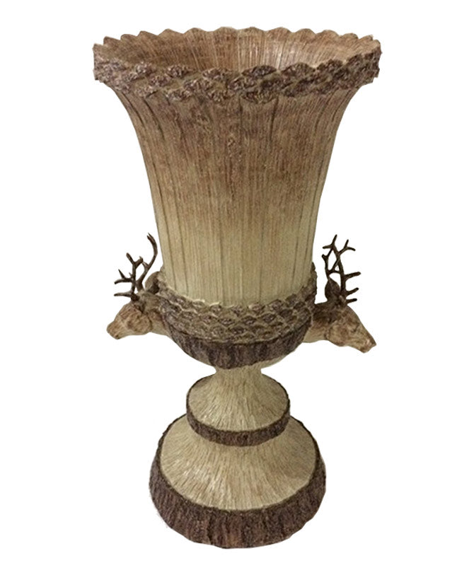 Vintage stílusú, fa hatású, 35 cm magas, natúr fa színű, szarvasfejes karácsonyi váza
