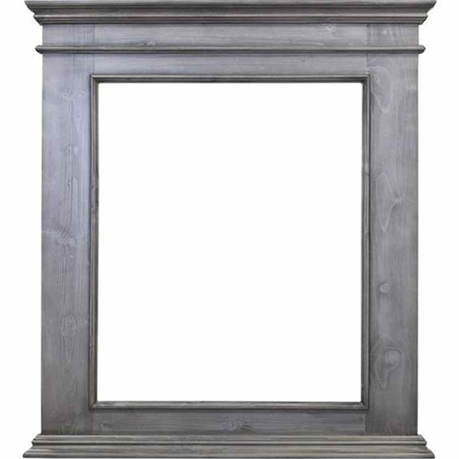 Szürke színű, csiszolt és pácolt fenyőfakeretes tükör.