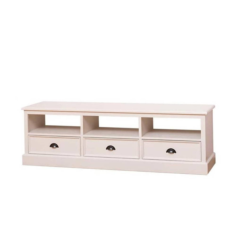 Fenyőfa TV szekrény, három nyitott tárolóval és három fiókkal. Színe: fehér.