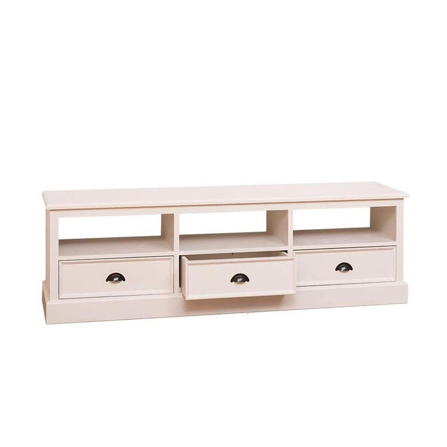 Fenyőfa TV szekrény, három nyitott tárolóval és három fiókkal. Színe: fehér.