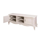 Shabby chic stílusú, fehér színű tv szekrény, két darab ajtós tárolóval, és egy polccal.