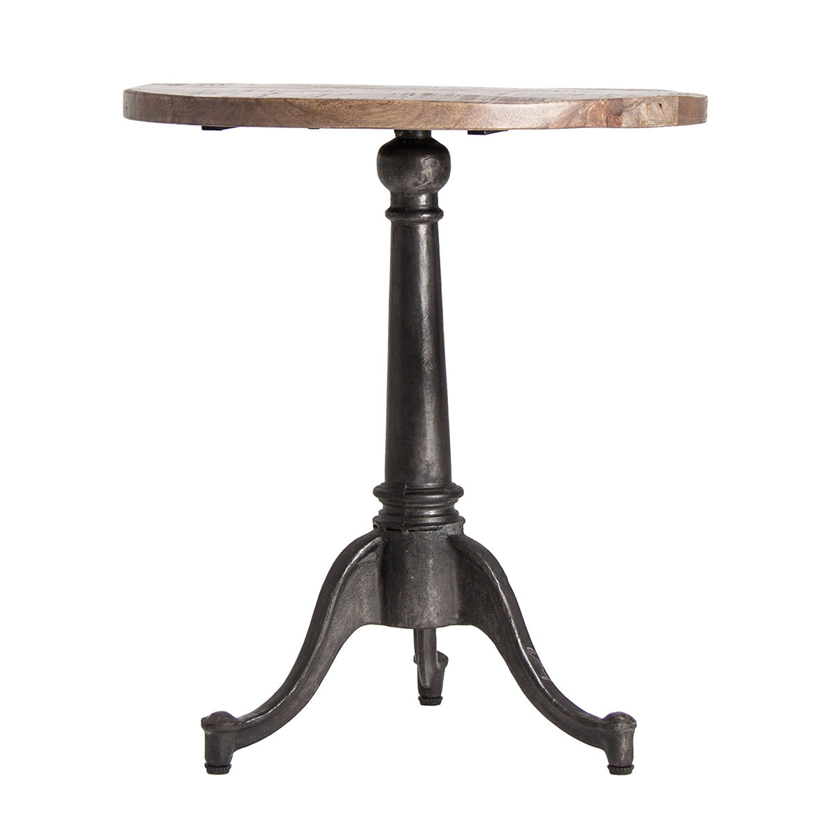 Ipari stílusú, fémből készült bárasztal állítható magasságú mangófa asztallappal.