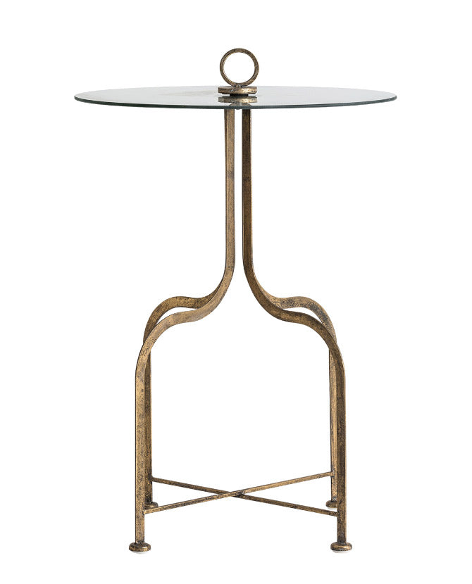 Art Deco stílusú, antikolt aranyszínű acélból készült dekoratív kisasztal.