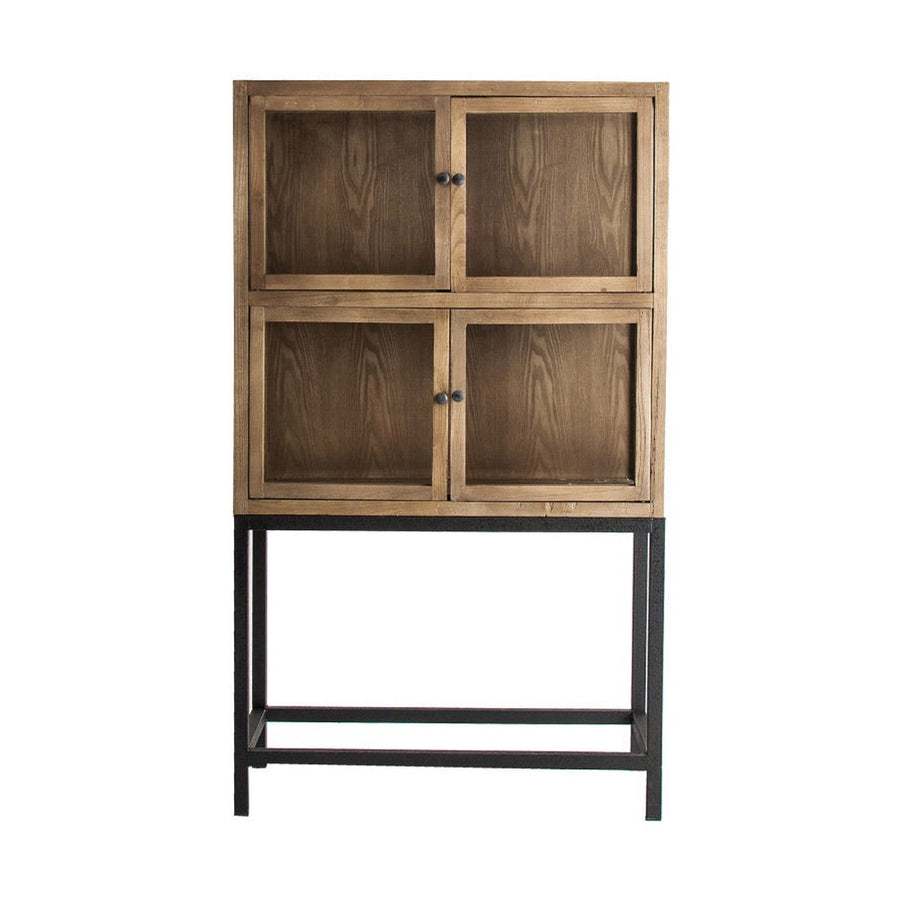 Loft stílusú, újrahasznosított fenyőfából készült kombinálható, moduláris vitrines szekrény fém lábazaton.