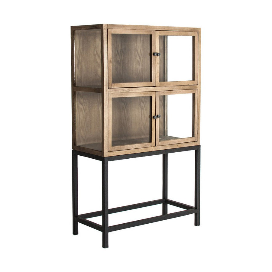 Loft stílusú, újrahasznosított fenyőfából készült kombinálható, moduláris vitrines szekrény fém lábazaton.