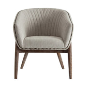 A modern stílus és a retro korszak inspirálta, jegenyefenyőből készült, szürke színű poliészter textillel kárpitozott karosszék.