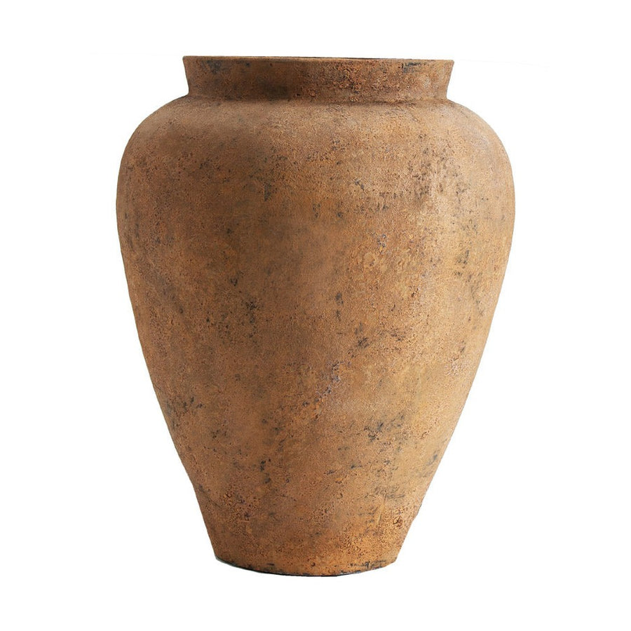 Óriás, mediterrán stílusú, terrakotta színű, antikolt kézműves kerámia kaspó.
