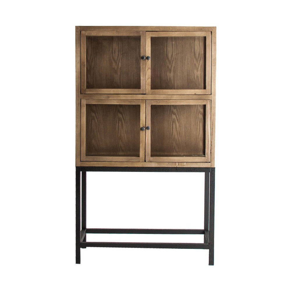 Loft stílusú, újrahasznosított fenyőfából készült kombinálható, moduláris vitrines szekrény fém lábazaton.