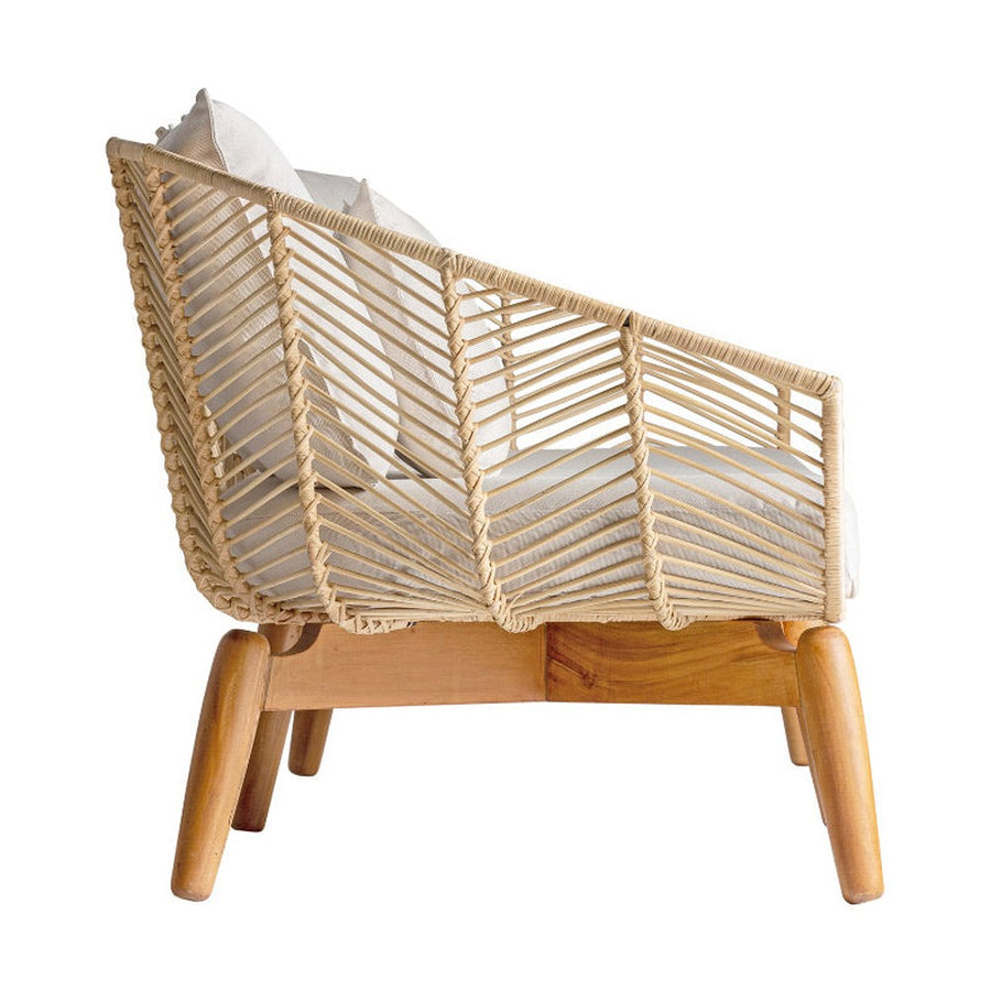 Kortárs stílusú, mahagónifából és rattanból készült, egyedi formatervezésű, kézműves dizájn kanapé ülő- és hátpárnákkal.