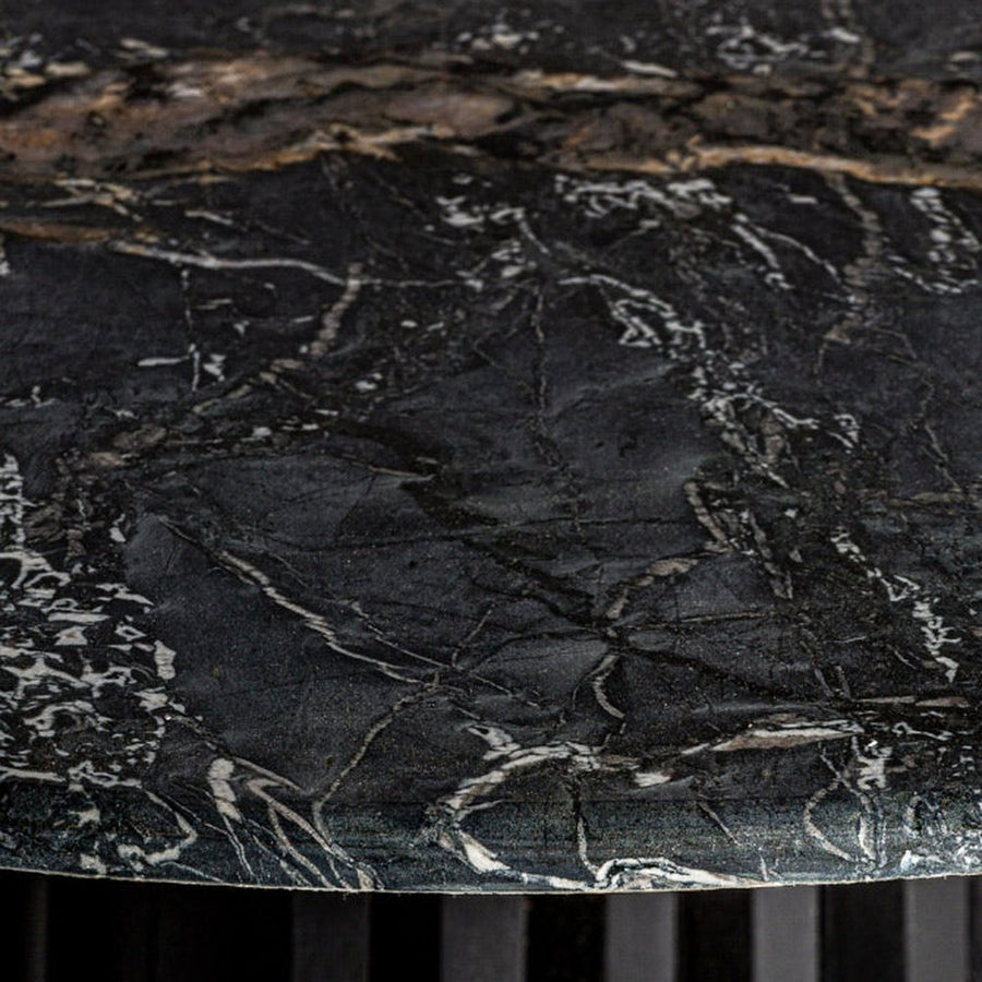 Kortárs stílusú, mangófából készült, egyedi formatervezésű étkezőasztal márványlappal. Színe: fekete.