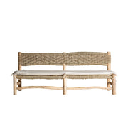 Törzsi stílusú, teakfából készült, egyedi formatervezésű, kézműves kanapé, növényi rostkötélből készült ülőfelülettel és háttámlával. 