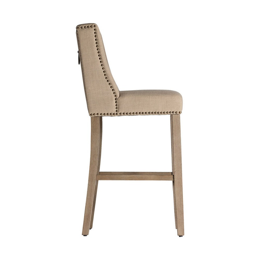 Koloniál stílusú, fenyőfából készült bárszék natúr színű vászon kárpitozással.