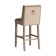 Koloniál stílusú, fenyőfából készült bárszék natúr színű vászon kárpitozással.