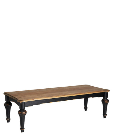 Koloniál stílusú, szilfa dohányzóasztal antikolt fekete lábakkal, natúr asztallappal.